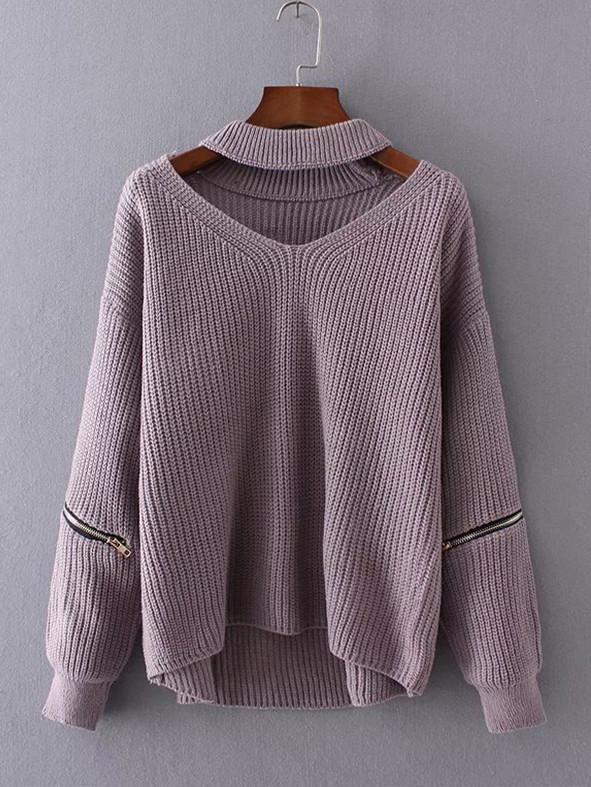 Solid Color V-Neck Split Joint Zipper Sweater