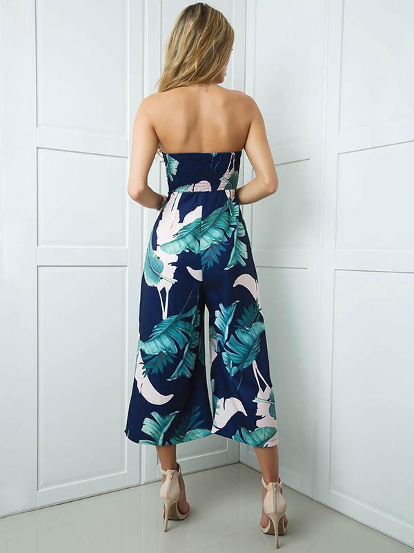 Leaves Printed Off-The-Shoulder Backless Long Jumpsuits