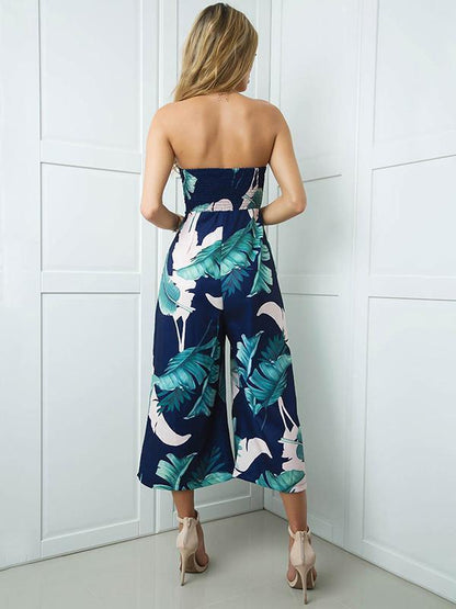 Leaves Printed Off-The-Shoulder Backless Long Jumpsuits