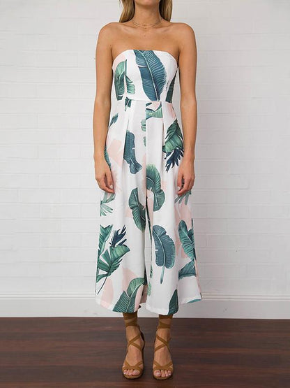 Leaves Printed Backless Off-The-Shoulder Long Jumpsuits