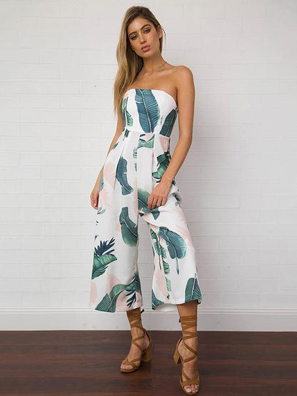 Leaves Printed Backless Off-The-Shoulder Long Jumpsuits