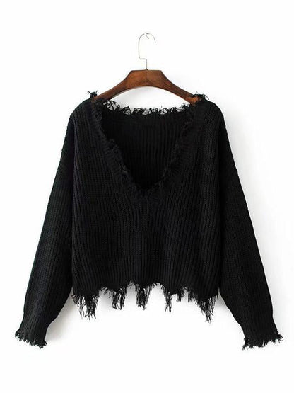 Knitting V-Neck Cropped Tasselled Sweater Tops