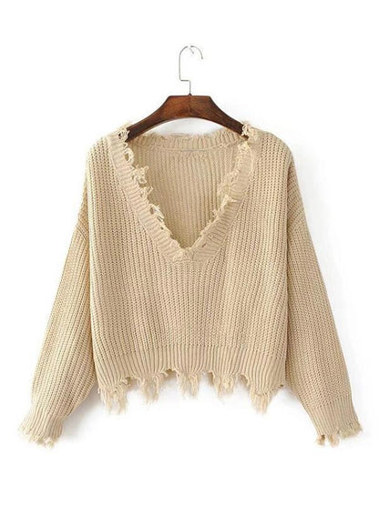 Knitting V-Neck Cropped Tasselled Sweater Tops