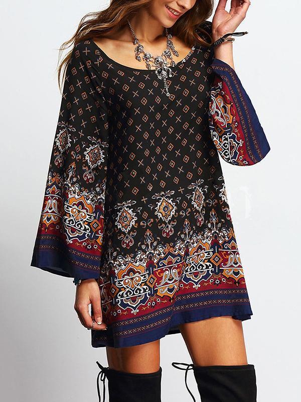 Vintage Printed Flared Sleeve Round-Neck Dress