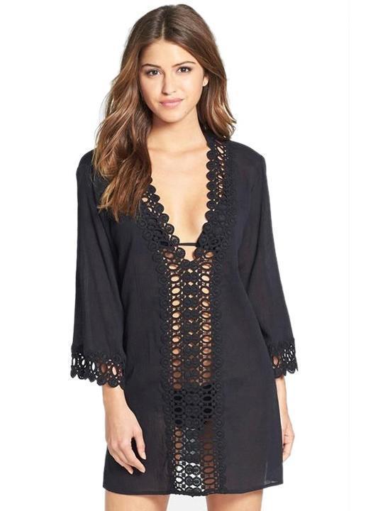 Pretty V-Neck Lace 3/4 Sleeve Blouse Cover-Ups Tops
