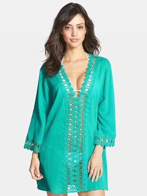 Pretty V-Neck Lace 3/4 Sleeve Blouse Cover-Ups Tops