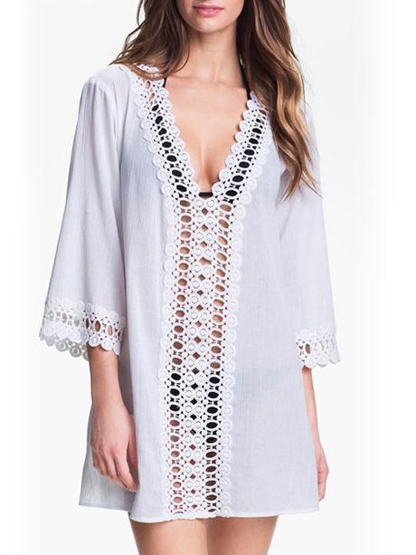 Pretty V-Neck Lace 3/4 Sleeve Blouse Cover-Ups Tops
