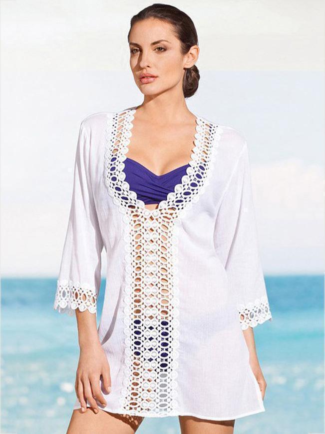 Pretty V-Neck Lace 3/4 Sleeve Blouse Cover-Ups Tops