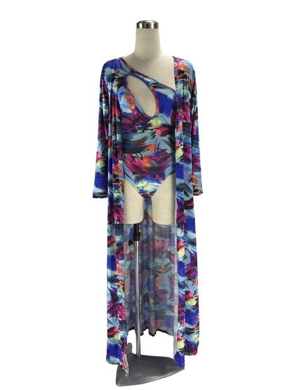 2018 Summer Printed Long Sleeve Cover Up One Shoulder Swimsuit Two Pieces Set