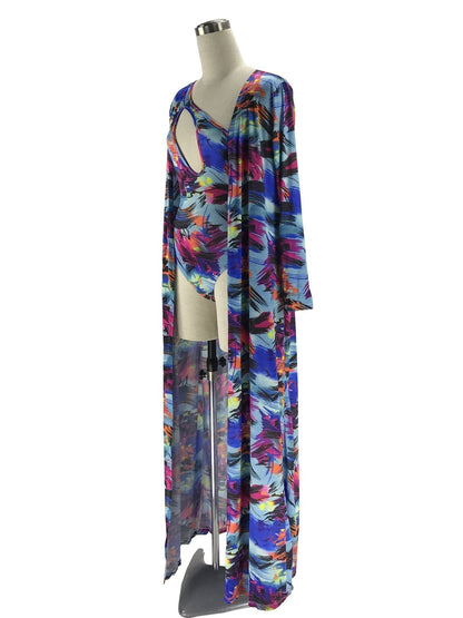 2018 Summer Printed Long Sleeve Cover Up One Shoulder Swimsuit Two Pieces Set