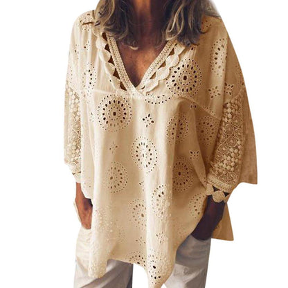 Summer Hot Women Half Sleeve Cotton Hollow-Out Lace Patchwork Shirt