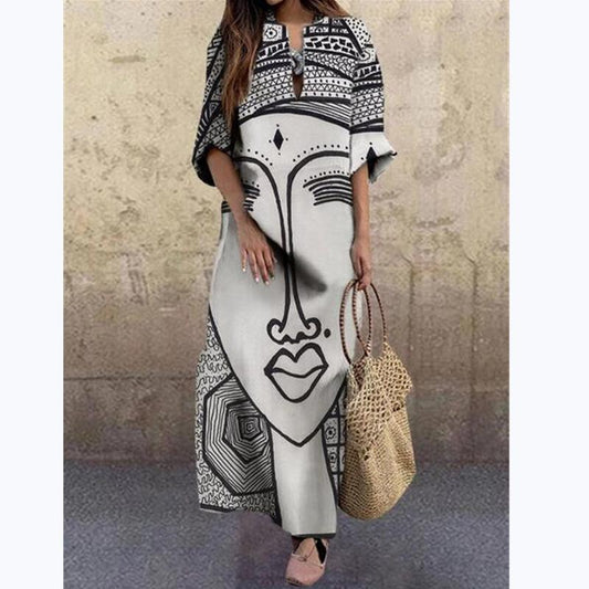 Art Black And White Print Spring And Summer New Women'S Fashion Face Print Loose Large Size Dress
