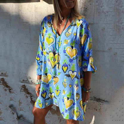 New Womens Casual Print V-Neck Short Sleeve Mini Dress