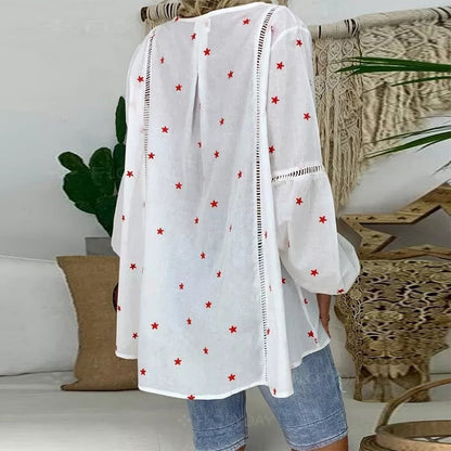 Women White Casual Lantern Long Sleeve Hollow Pentagram Printed Blouse Shirt