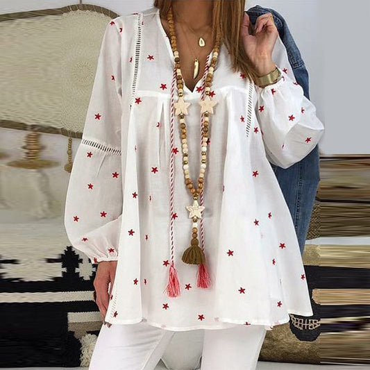 Women White Casual Lantern Long Sleeve Hollow Pentagram Printed Blouse Shirt