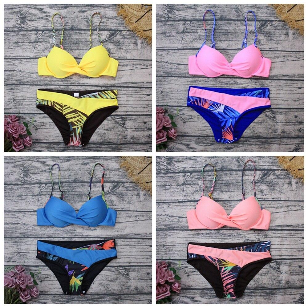 Women Sexy Bikinis Set Patchwork Swimsuits Print Ruched Swimwear