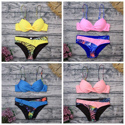 Women Sexy Bikinis Set Patchwork Swimsuits Print Ruched Swimwear