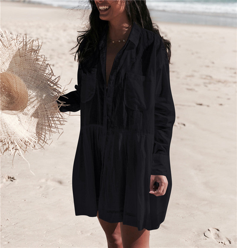 Women Summer Beach Wear White Cotton Tunic Sexy Plunging Neck Front Pocket Short Mini Dress Beach Cover Up