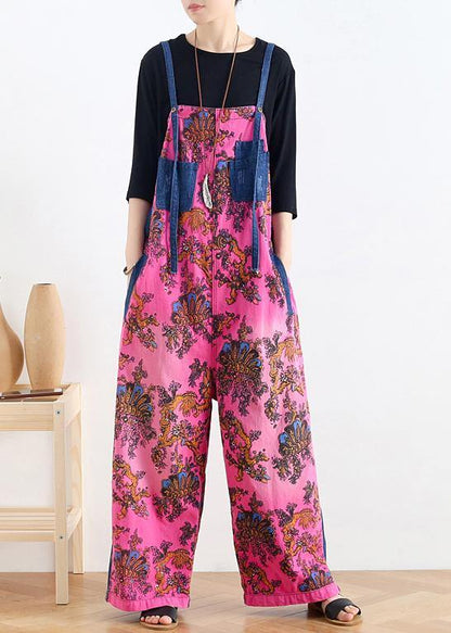 2025 retro national style rose printed loose denim overalls