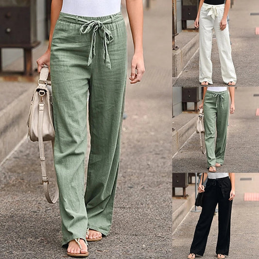 Women Pants Fashion Linen Cotton Solid Elastic Waist Trousers Female Plus Size Ankle-Length Trousers Summer Casual Pants