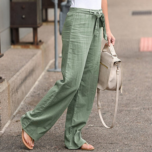 Women Pants Fashion Linen Cotton Solid Elastic Waist Trousers Female Plus Size Ankle-Length Trousers Summer Casual Pants