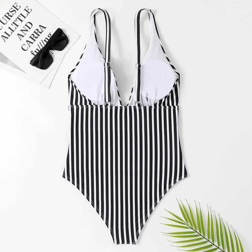 2023 New Striped One Piece Swimsuit Vintage Swimwear Women V-Neck Bathing Swimming Suit Female Summer Beachwear Bodysuit