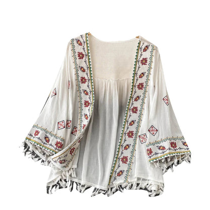 2023 Summer Women'S Shirt Bohemian Holiday Style Embroidered Tassel Chiffon Cardigan New Waist Female Slim Short Tops E015