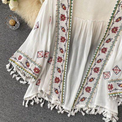2023 Summer Women'S Shirt Bohemian Holiday Style Embroidered Tassel Chiffon Cardigan New Waist Female Slim Short Tops E015