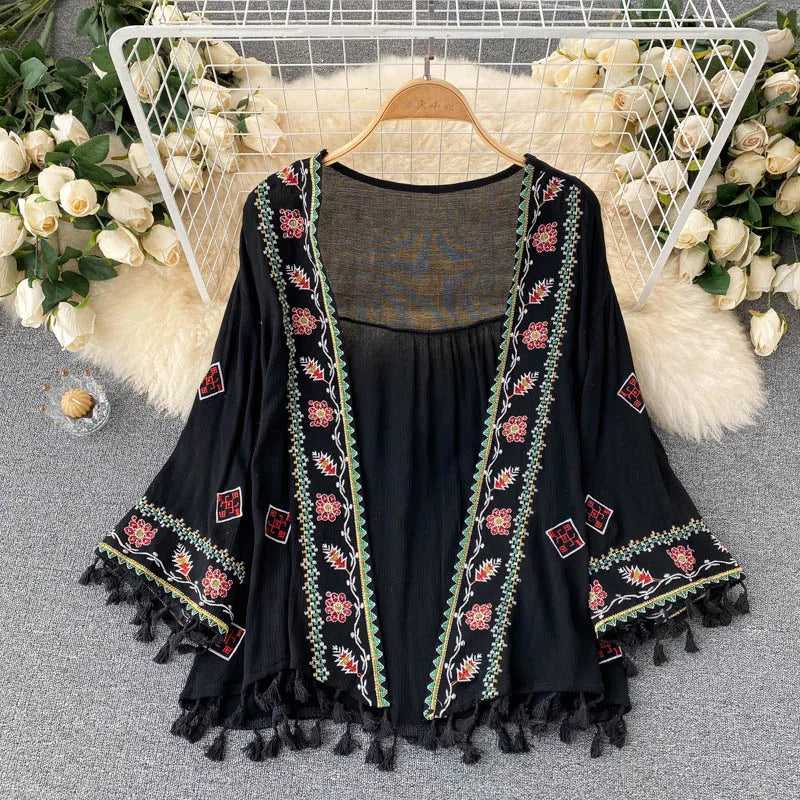 2023 Summer Women'S Shirt Bohemian Holiday Style Embroidered Tassel Chiffon Cardigan New Waist Female Slim Short Tops E015