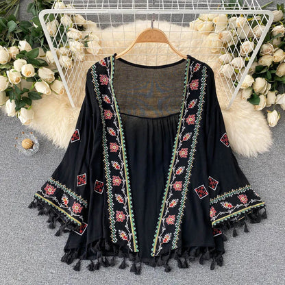 2023 Summer Women'S Shirt Bohemian Holiday Style Embroidered Tassel Chiffon Cardigan New Waist Female Slim Short Tops E015