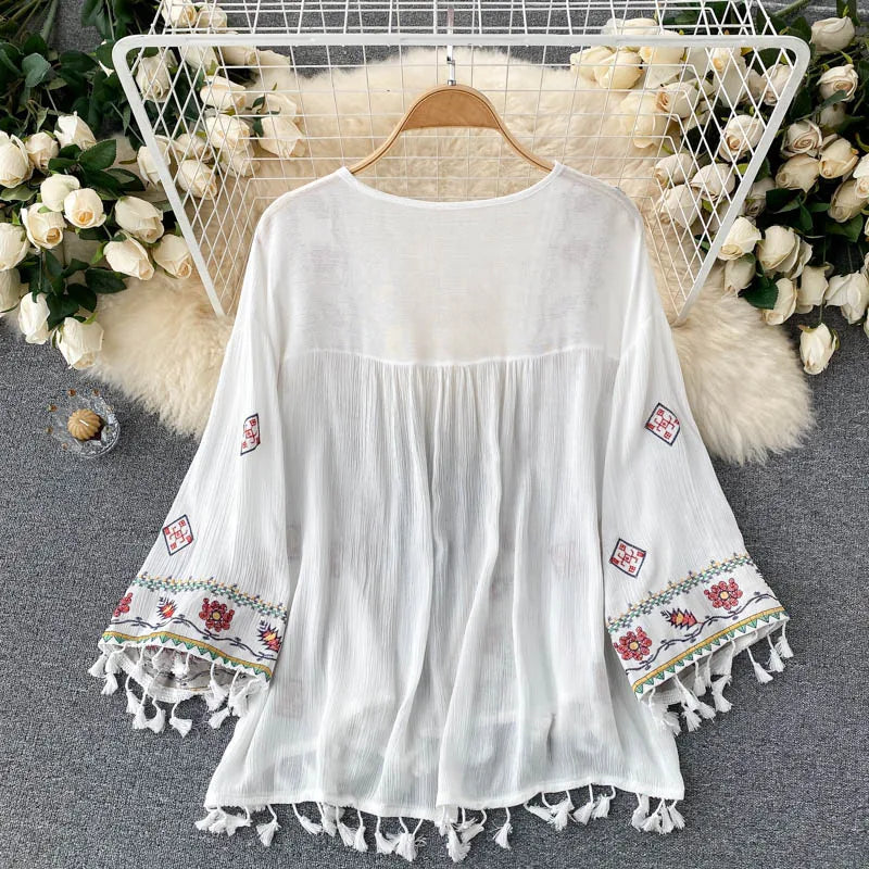 2023 Summer Women'S Shirt Bohemian Holiday Style Embroidered Tassel Chiffon Cardigan New Waist Female Slim Short Tops E015