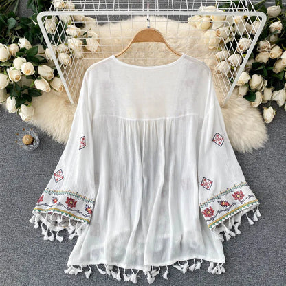 2023 Summer Women'S Shirt Bohemian Holiday Style Embroidered Tassel Chiffon Cardigan New Waist Female Slim Short Tops E015