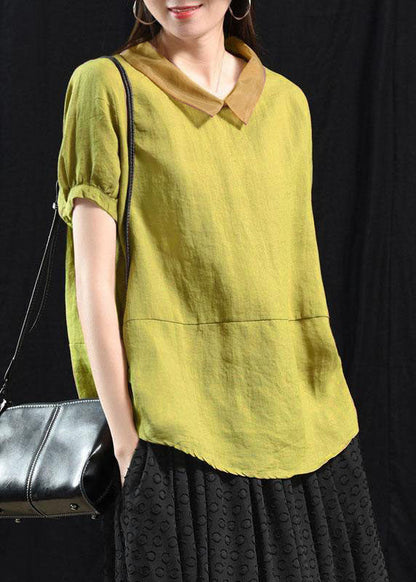 Peach Pink Patchwork Turn-down Collar Summer Linen Shirt Blouse