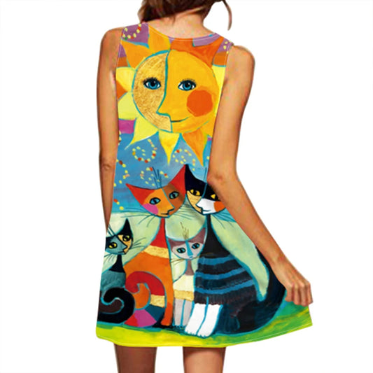 2024 European And American Cross Border Women'S New Dress V-Neck Sleeveless Sexy Printed Large Hem Foreign Trade Dress