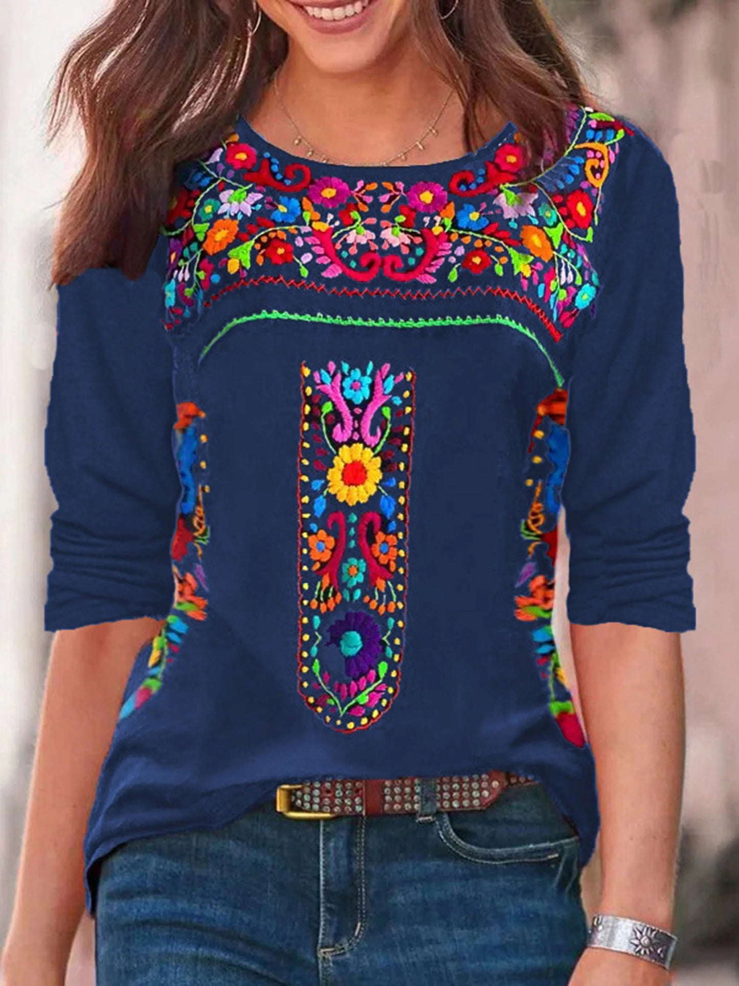 2024 Independent Station Spring/Summer New Women'S Top With Bohemian Print V-Neck Long Sleeved T-Shirt For Women