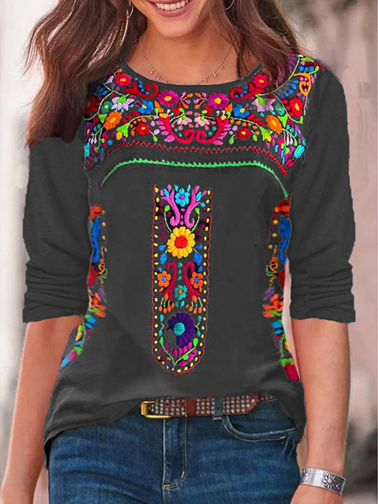 2024 Independent Station Spring/Summer New Women'S Top With Bohemian Print V-Neck Long Sleeved T-Shirt For Women