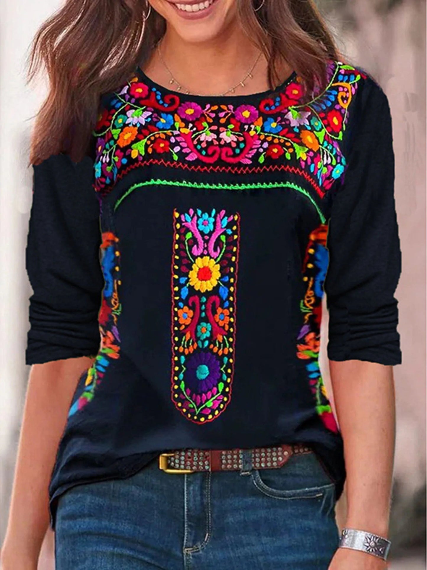 2024 Independent Station Spring/Summer New Women'S Top With Bohemian Print V-Neck Long Sleeved T-Shirt For Women