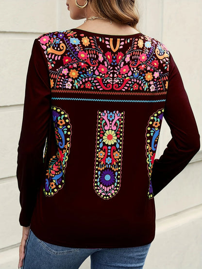 2024 Independent Station Spring/Summer New Women'S Top With Bohemian Print V-Neck Long Sleeved T-Shirt For Women
