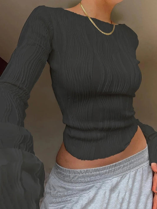 2024 Ruched Long Sleeve T Shirts Women Casual White Skinny Black Basic Tee Fashion Street Cropped Top Y2K Clothes T-Shirt