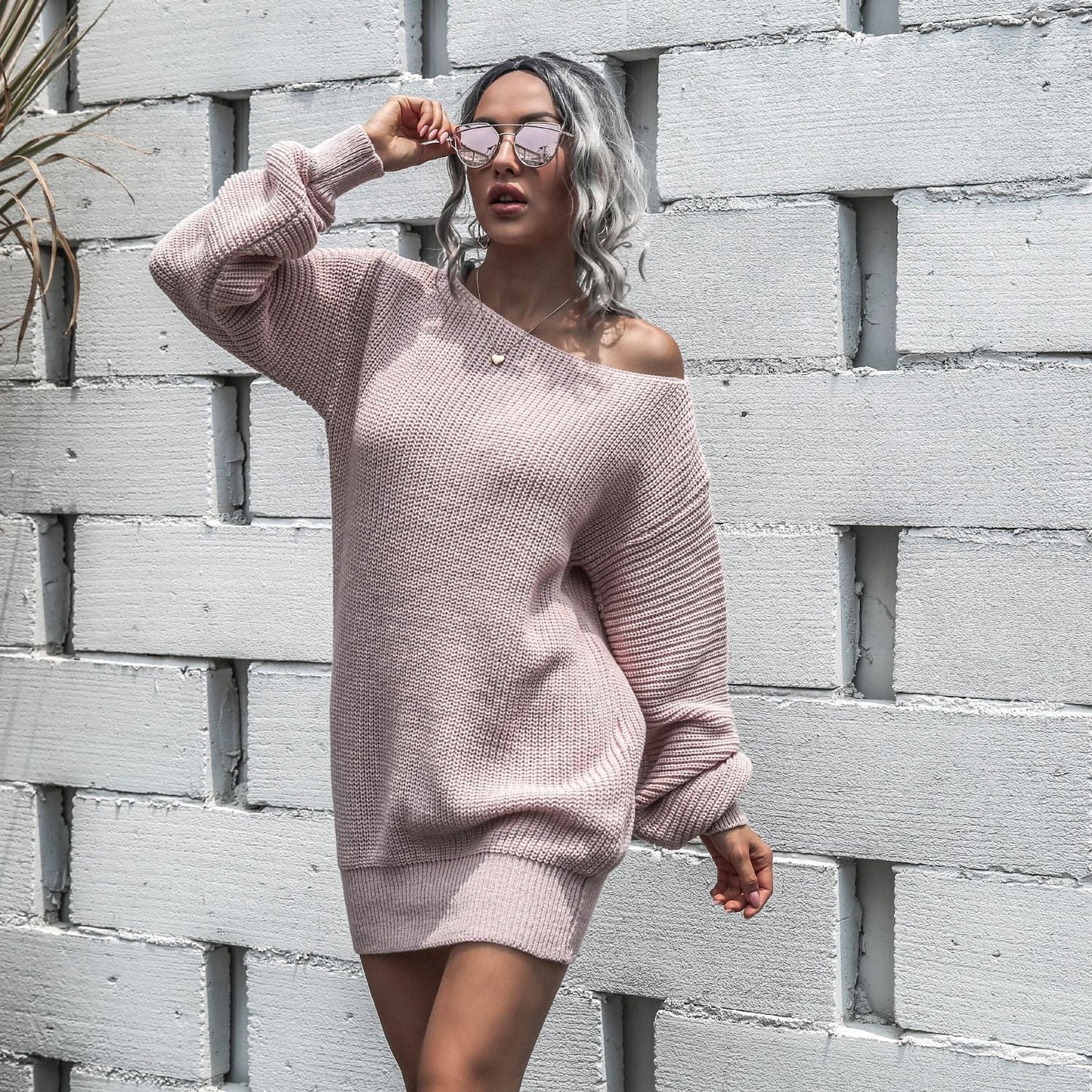 Autumn/Winter Casual Off-The-Shoulder Lantern Sleeve Knitted Sweater Dress