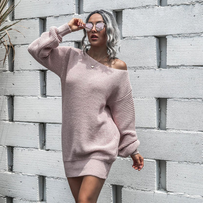 Autumn/Winter Casual Off-The-Shoulder Lantern Sleeve Knitted Sweater Dress