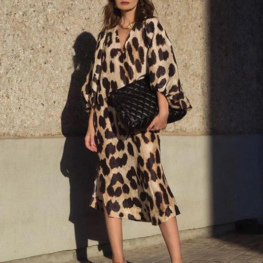 Autumn And Winter New Fashion Leopard Pattern Loose Lantern Sleeve Dress Long Dress