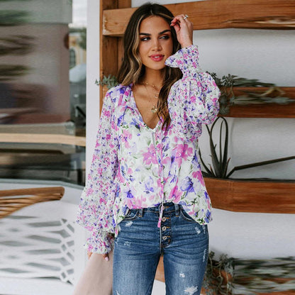 Cardigan Button Floral Chiffon Shirt Women'S Loose Oversized Top