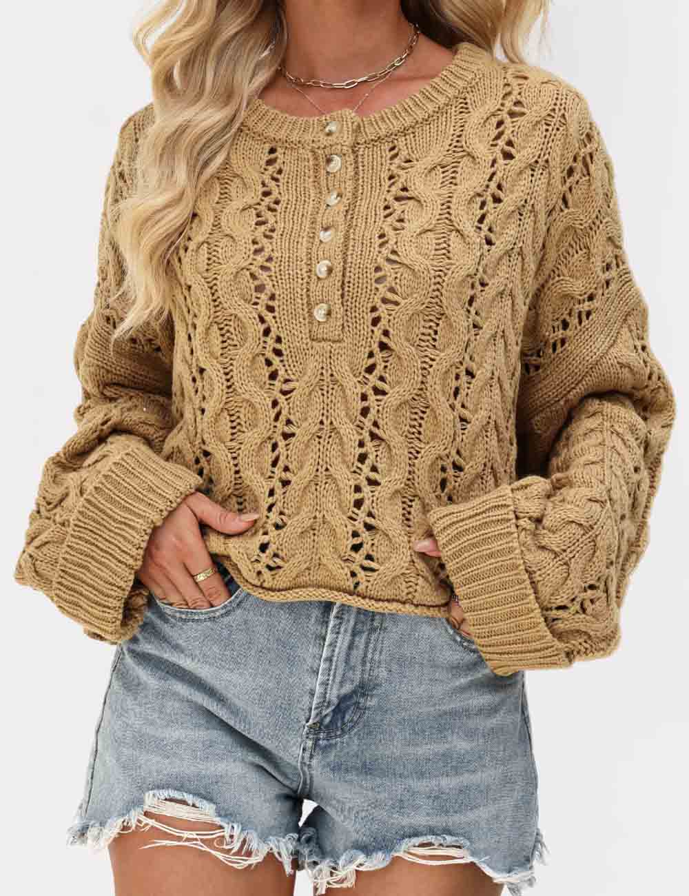Cable Knit Round Neck Button Pullover Sweater