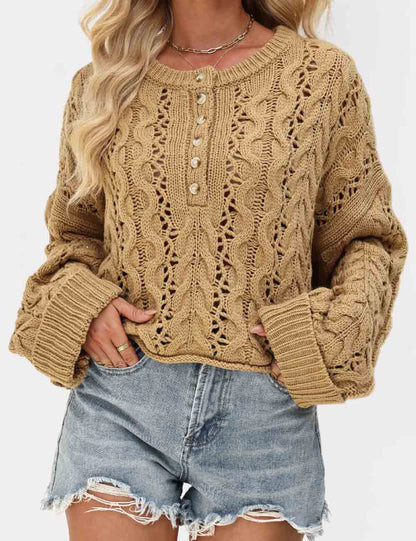 Cable Knit Round Neck Button Pullover Sweater