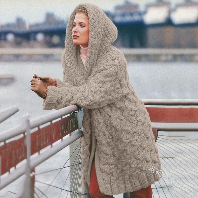 Cardigan Women'S Hemp Knitting Thickened Versatile Hooded Sweater Cardigan