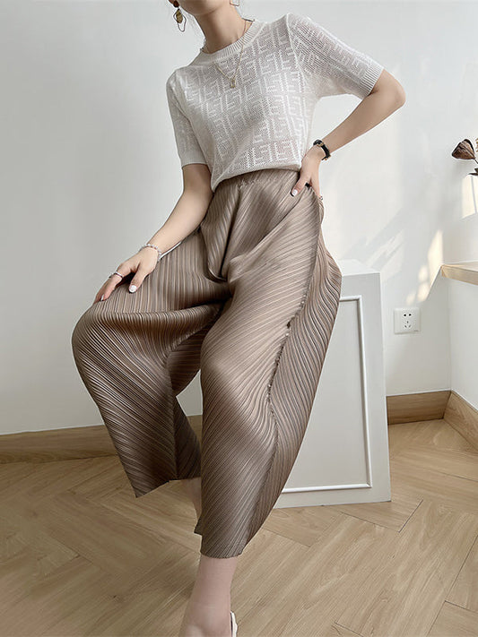 Harem Pants High Waisted Elasticity Pleated Solid Color Split-Joint Ninth Pants Pants Trousers