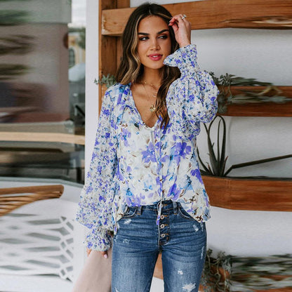 Cardigan Button Floral Chiffon Shirt Women'S Loose Oversized Top