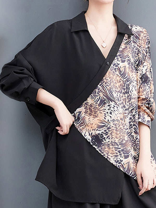 Long Sleeves Loose Contrast Color Printed Split-Joint Leopard Polo Blouses&Shirts Tops + Ninth  Culotte