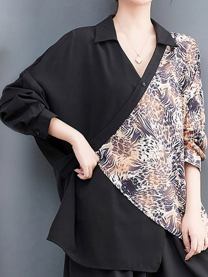 Long Sleeves Loose Contrast Color Printed Split-Joint Leopard Polo Blouses&Shirts Tops + Ninth  Culotte